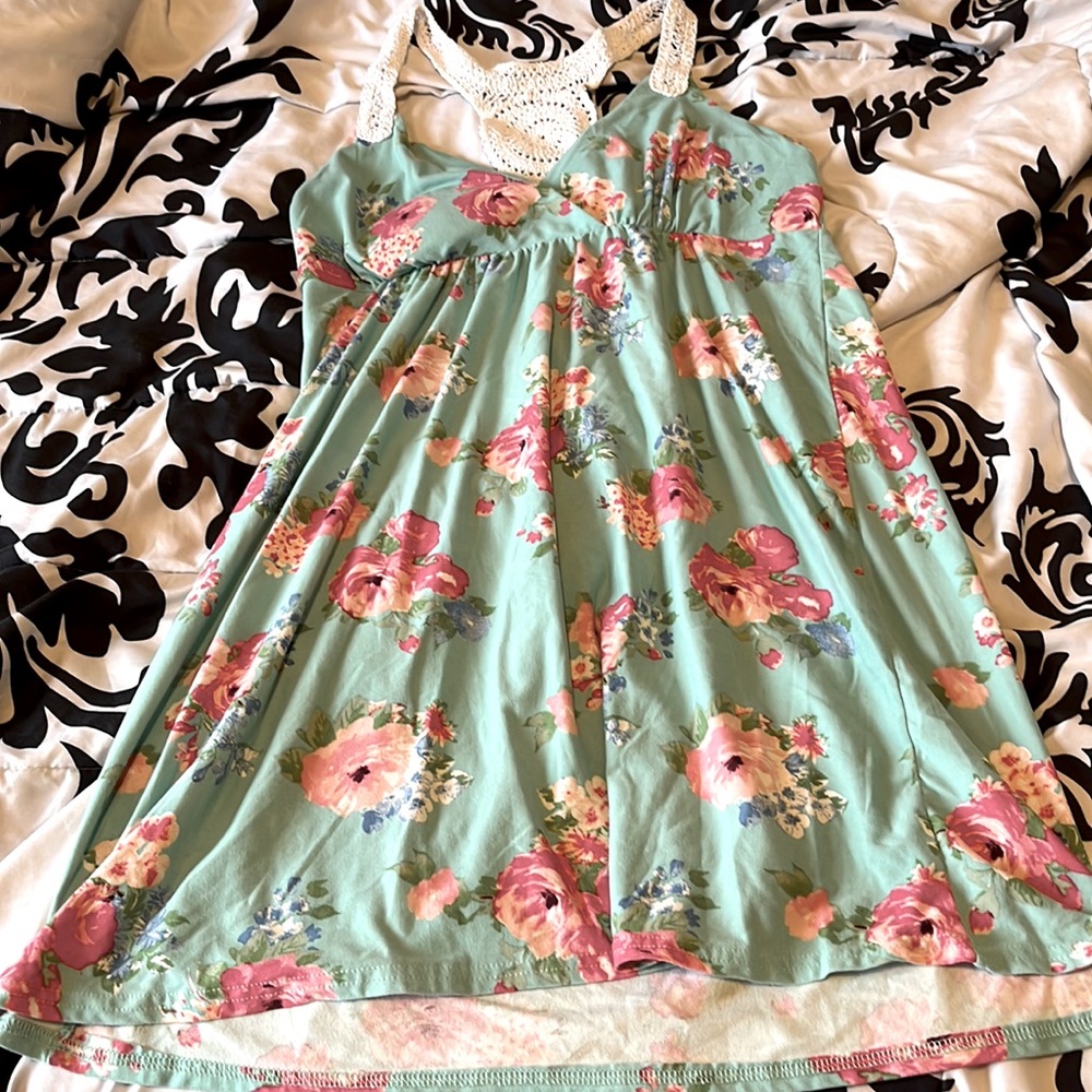 Bluish green floral sundress, Size L 11/13, No Boundaries